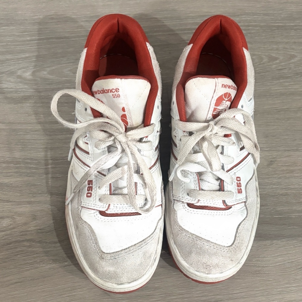 New Balance 550 White and Red Athletic Shoes